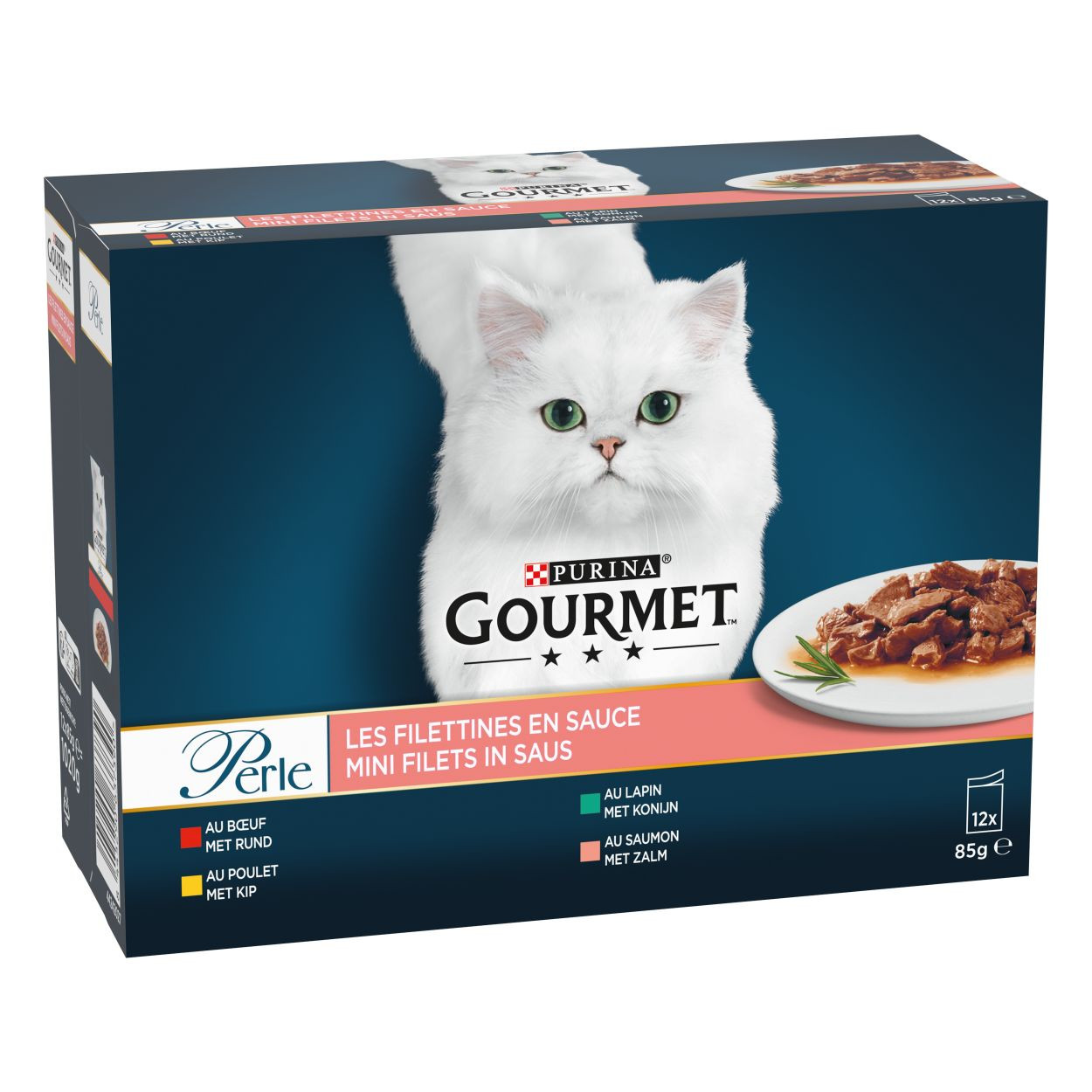 Gourmet Perle Mini Filets in saus met rund, kip, konijn, zalm natvoer kat (12x85 g)