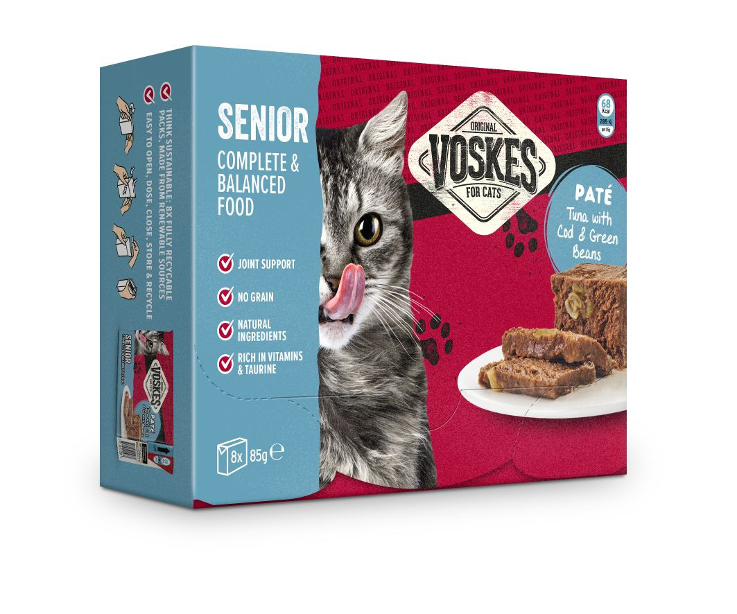 Voskes Senior - Paté tonijn met kabeljauw & sperziebonen natvoer kat (8x85 g)