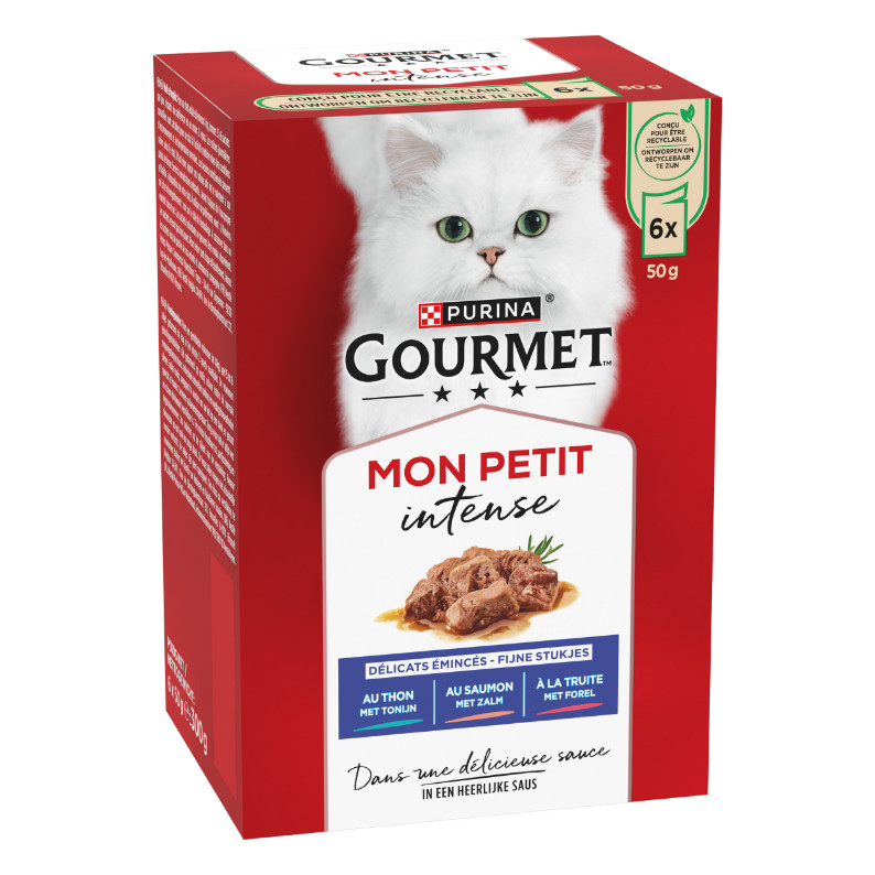 Gourmet Mon Petit Intense mit Thunfisch, Lachs oder Forelle Nassfutter Katze